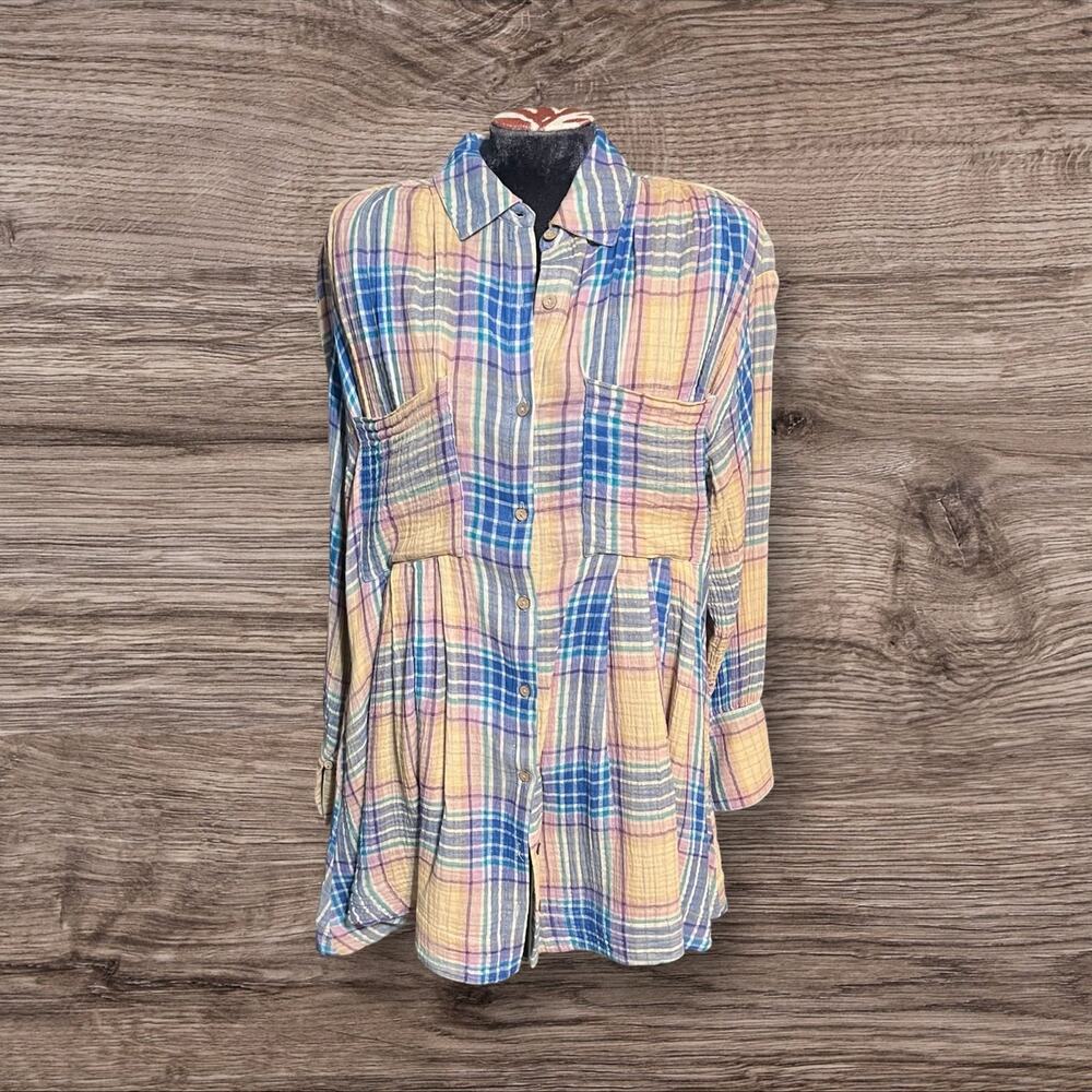 Free People Plaid Long Sleeve Mini Shirt Dress Size XS